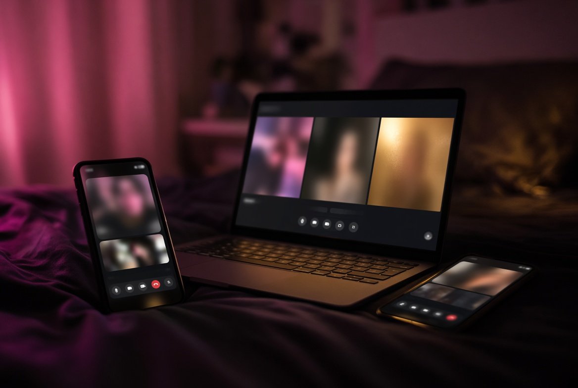 Phones and a laptop showing live video chat interfaces in a dark room